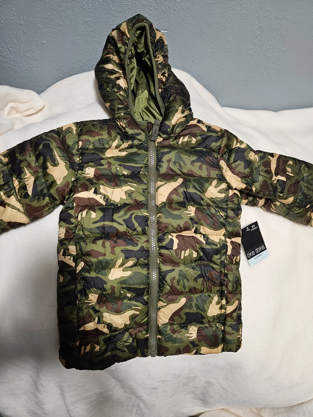 Kids Camouflage Puffer Jacket with Hood - Green/Brown